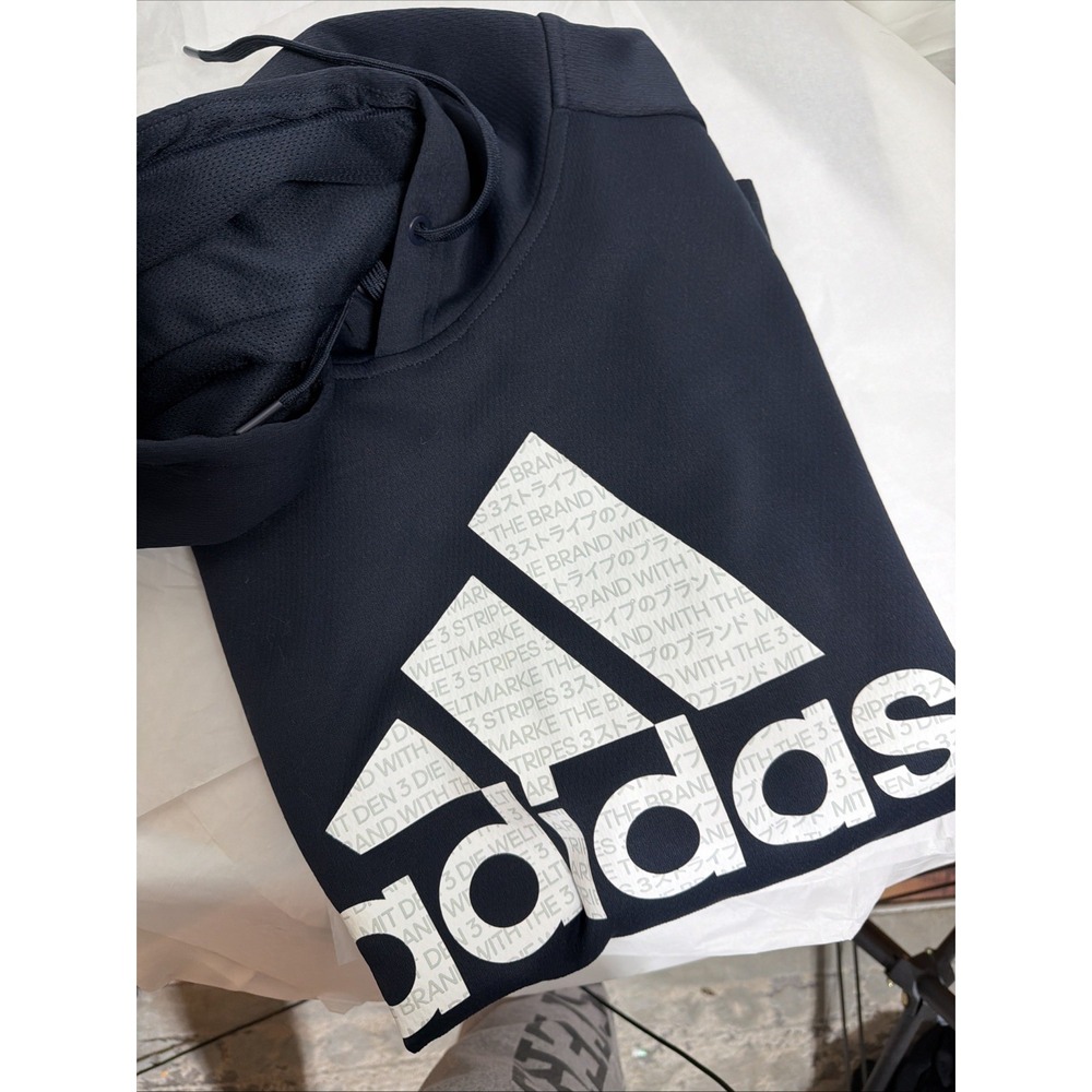 adidas Men's Navy Pullover Hoodie Drawstring Hood Logo Pockets Size L Climawarm